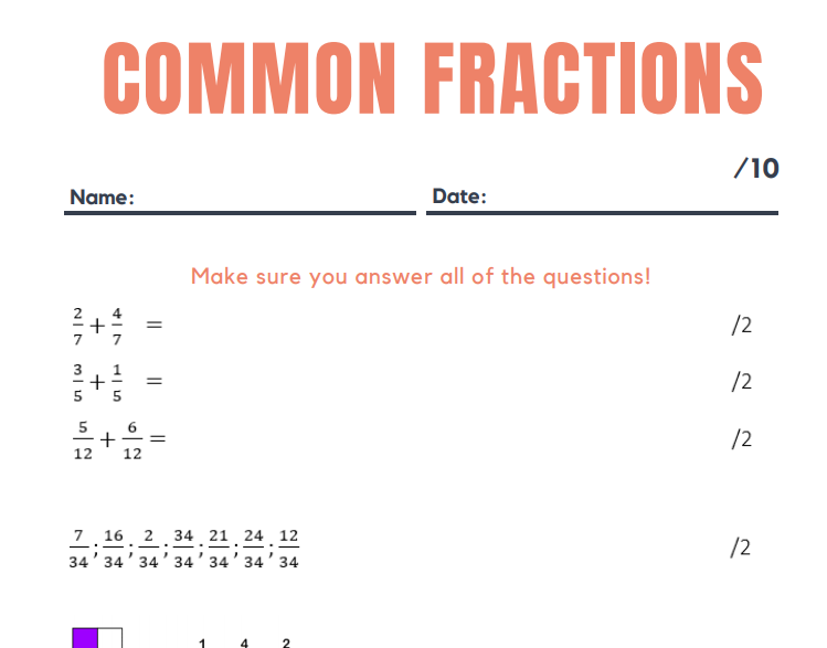 Mathematics Common Fractions Worksheet For Grade 4 • Teacha