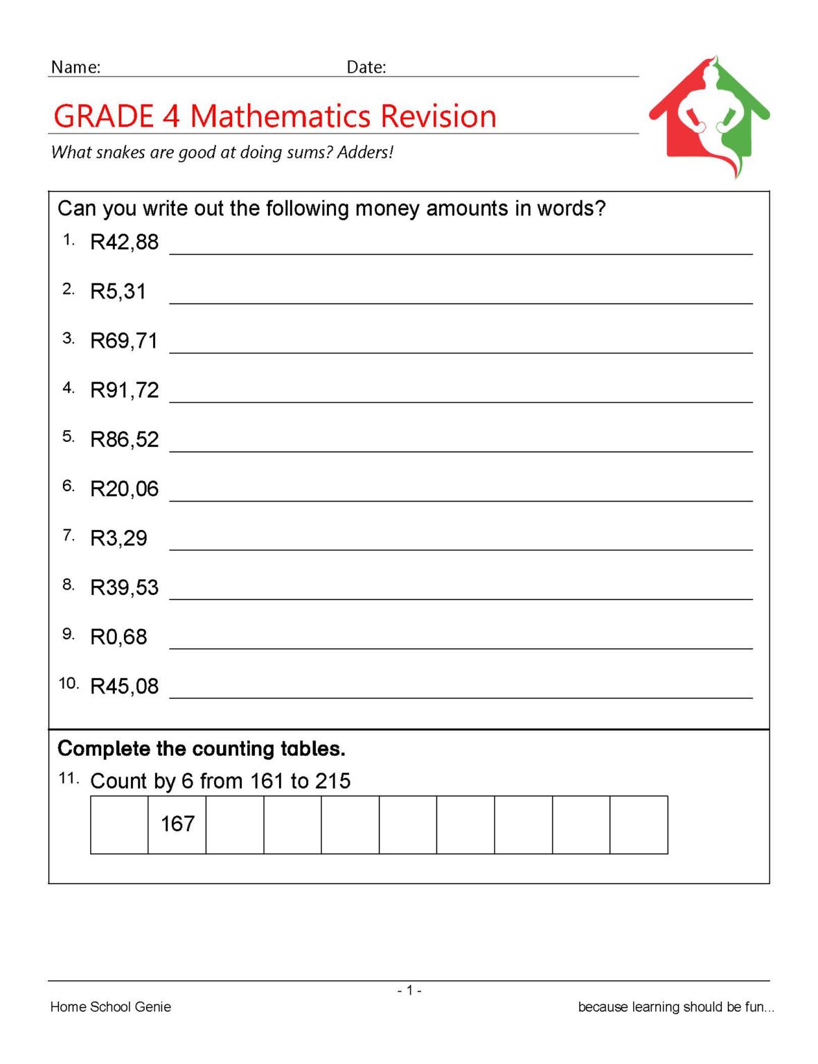 grade 4 math revision full year 16pages worksheets
