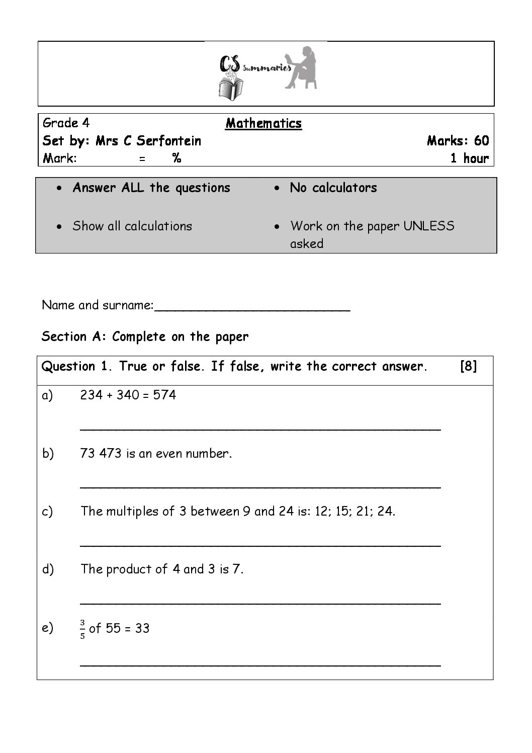 grade 4 maths revision worksheets south africa