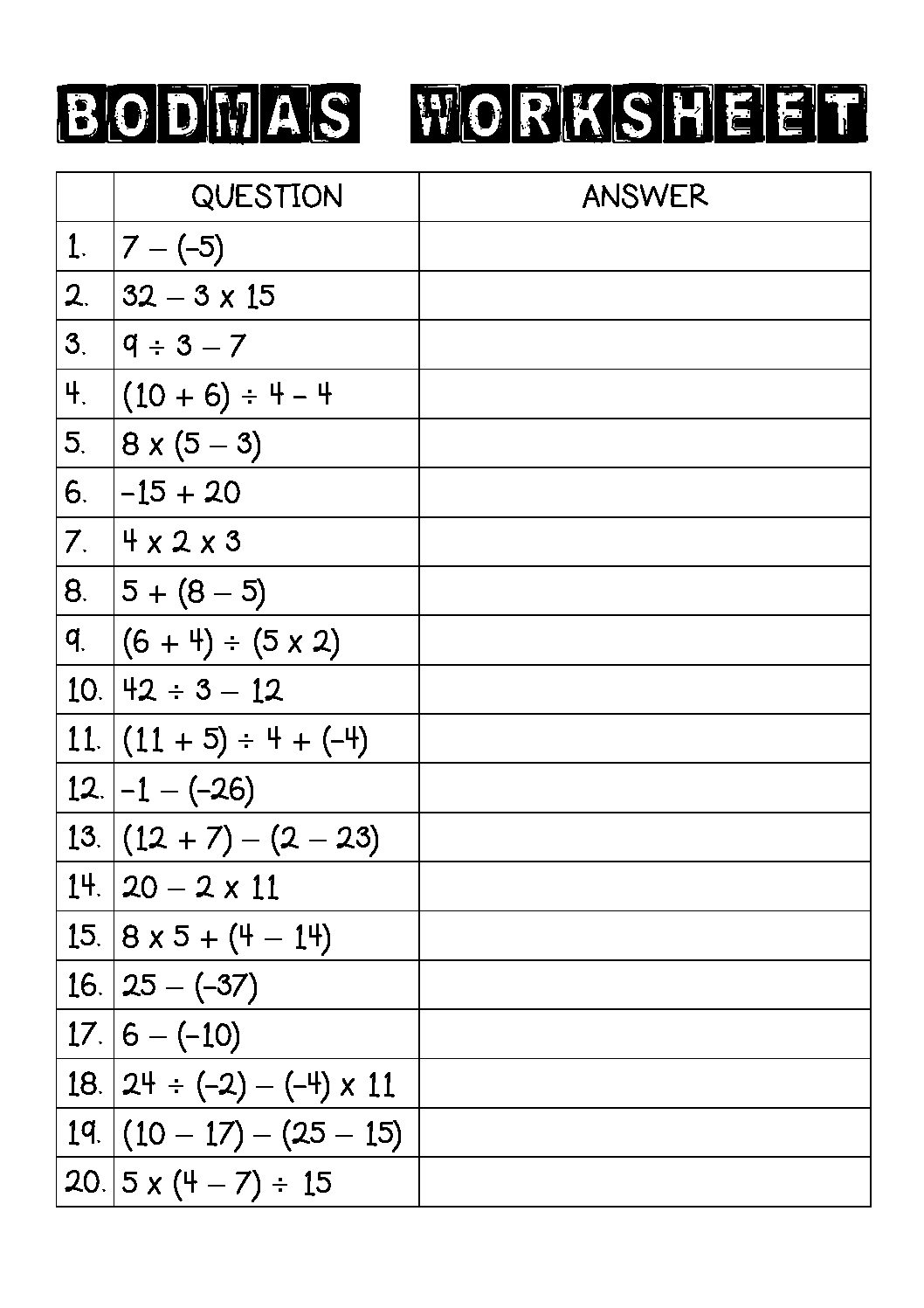 bodmas grade 5 worksheet with answers